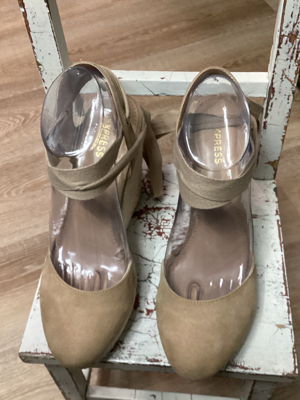 Express Tan Suede-Look Ankle-Strap Wedge Sandals